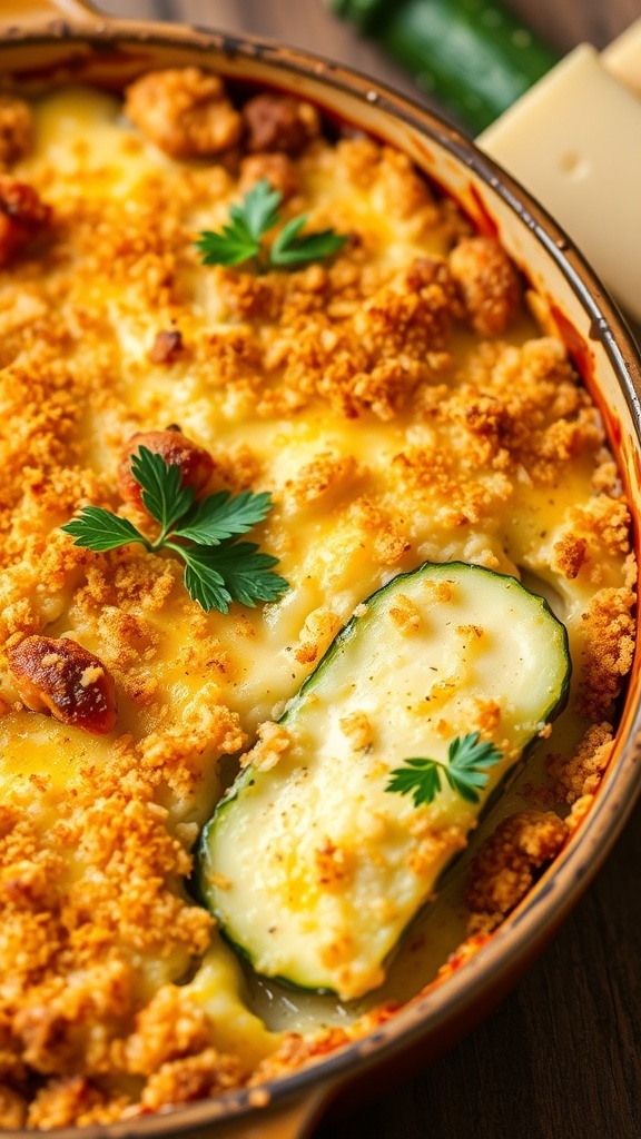Cheesy zucchini casserole with a golden breadcrumb topping, garnished with parsley, in a rustic baking dish.